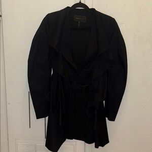 BCBGMaxAzria Midnight Black Jacket. Belted with wrist hooks and skirt details.